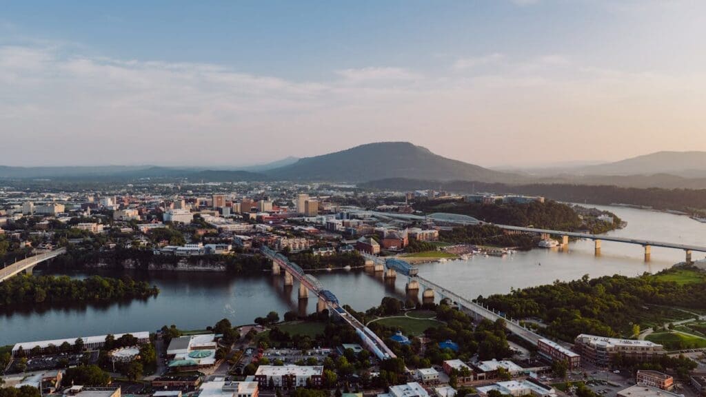 Aerial View of Skyline at Sunset